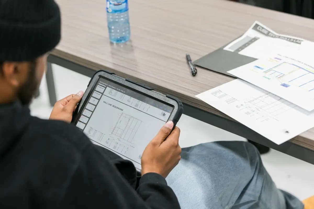 CUBE Tech trainee reviewing wall-line sequencing software on a tablet — Prefab Fast Track program imagery
