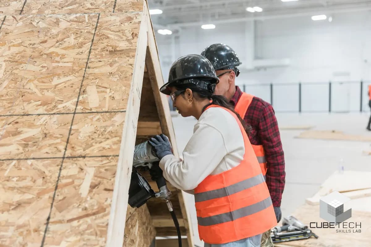 CUBE Tech trainee driving fasteners into a prefabricated panel beside an instructor — Prefab Pro program imagery